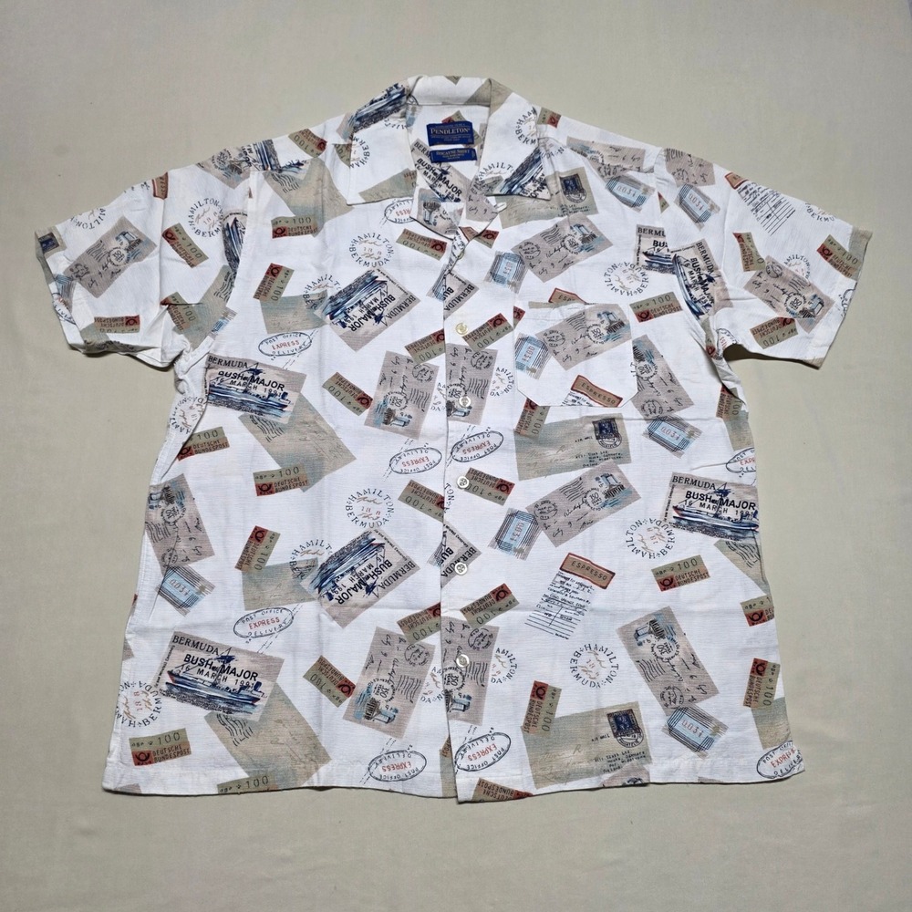 Pendleton Biscayne Shirt Men Large Beige Postcard Stamp Graphics Shirt Reg Fit